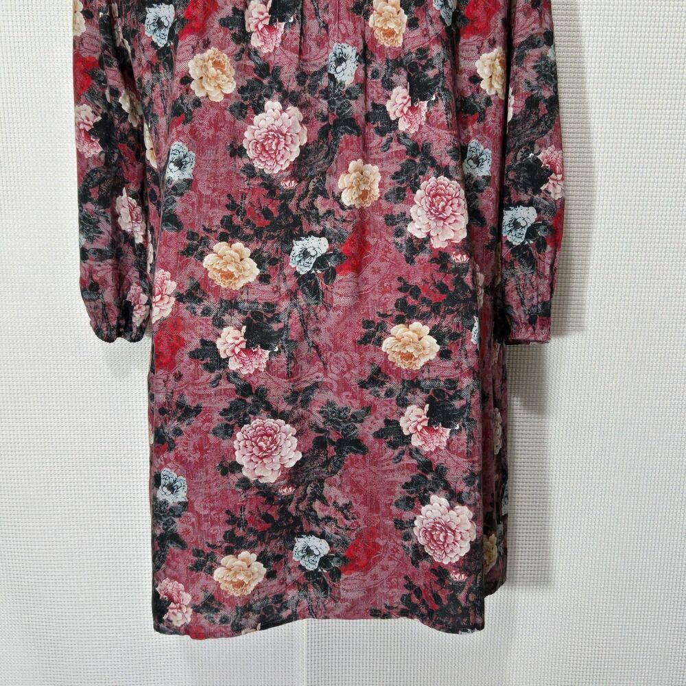 Peruvian Connection Dress Womens Medium Red Floral Lace Up Pockets Tunic - Picture 8 of 10